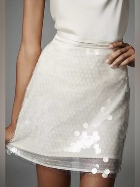 WAYF Sequin Mini Skirt Ivory Mesh Overlay Anthropologie Style Size M